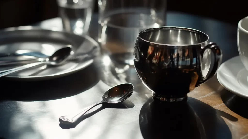 Xícara de café em aço inox sobre mesa, acompanhada de colher, prato e copos em ambiente gastronômico.