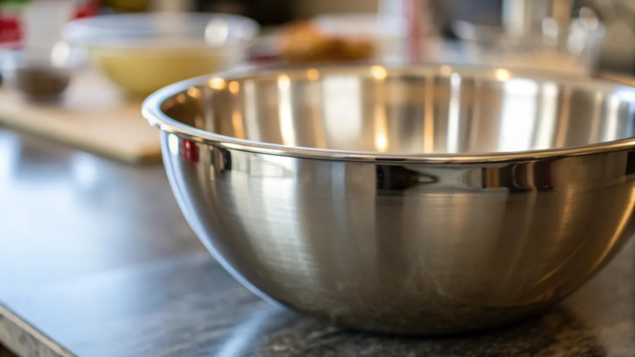 Tigela grande de aço inox apoiada sobre uma bancada, com utensílios e ingredientes desfocados ao fundo.